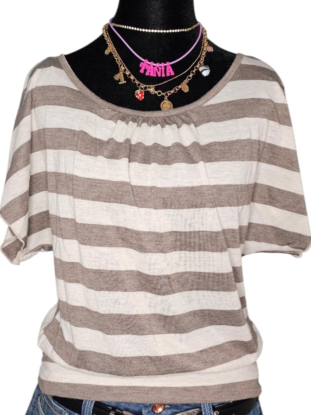 By & By Striped Short Sleeve Top with Crochet Lace Back - Size S